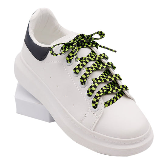 1 Pair of Flat Type Black and Green Differentiation Checkered Shoelaces 8mm Width Cordon Style Unisex Men & Women Gift Promotion