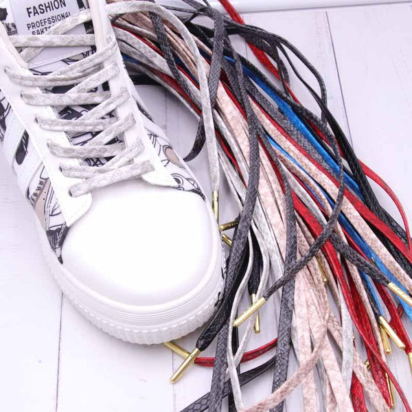 6 Colors Flat Snakeskin Snake Shoe Laces Luxury PU Leather LE ShoeLaces With Gold Metal Aglets For