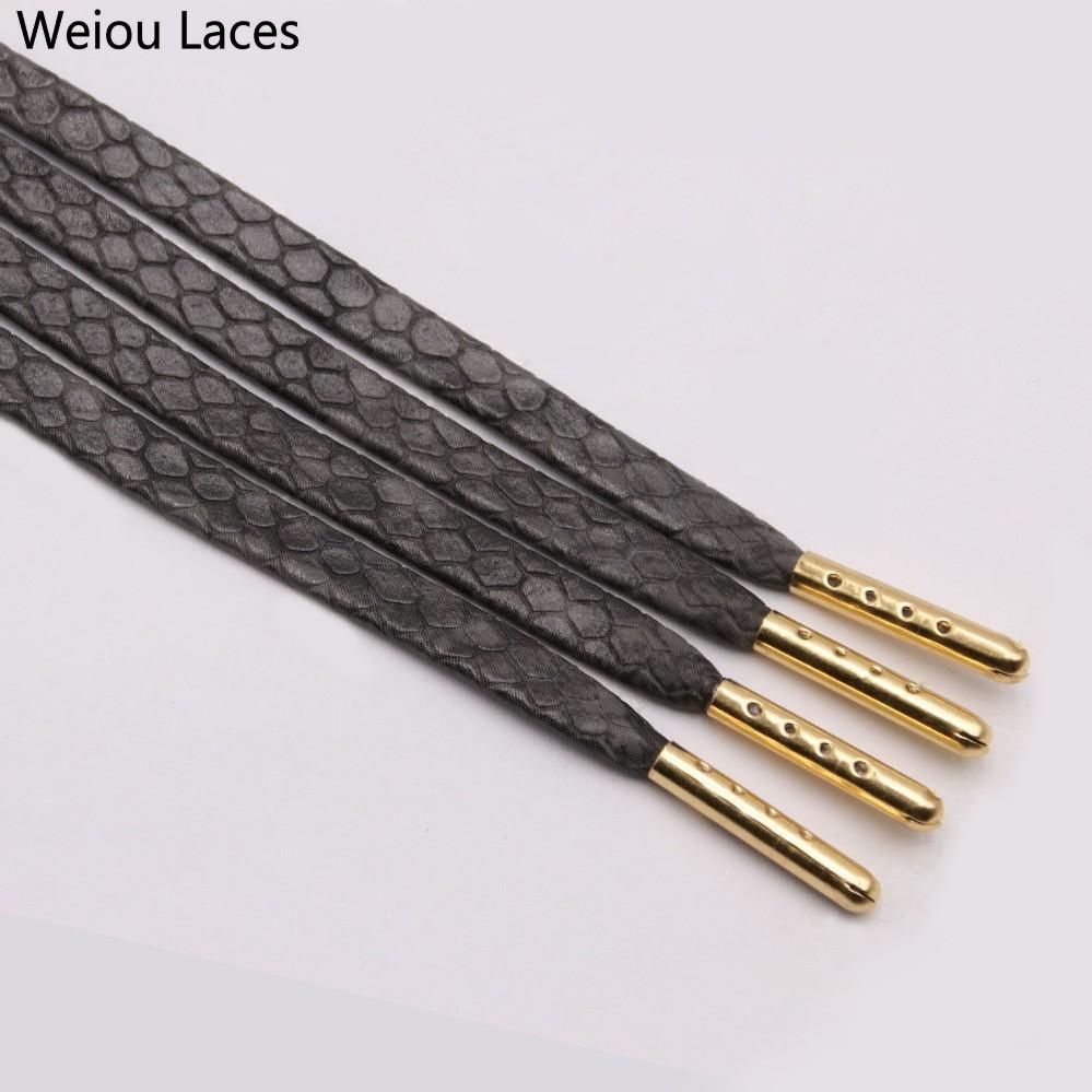 Weiou 7mm Flat Snake Skin Shoelaces White Red Grey Brown Luxury Leather Shoe Laces With Gold Metal