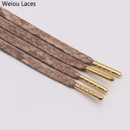 Weiou 7mm Flat Snake Skin Shoelaces White Red Grey Brown Luxury Leather Shoe Laces With Gold Metal