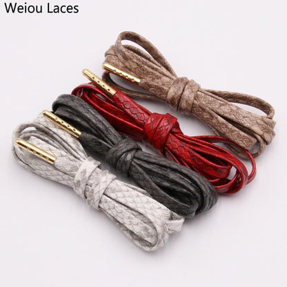 Weiou 7mm Flat Snake Skin Shoelaces White Red Grey Brown Luxury Leather Shoe Laces With Gold Metal