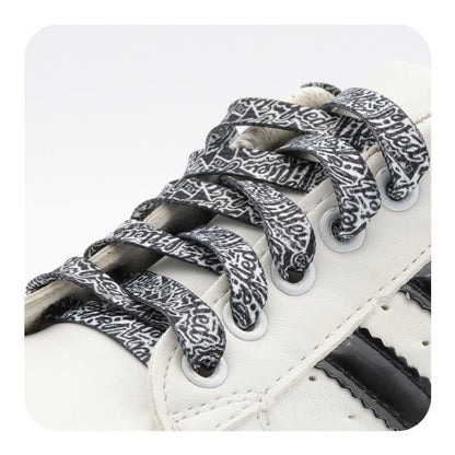 Weiou Fashion Trend Shoelaces 0.8 Cm Flat Printed Black And White Hip Hop Contton Shoelstrings Men