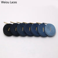 Weiou Premium Flat Denim Shoelaces With Metal Tips Cool Laces To Customize Your Kicks Blue Black